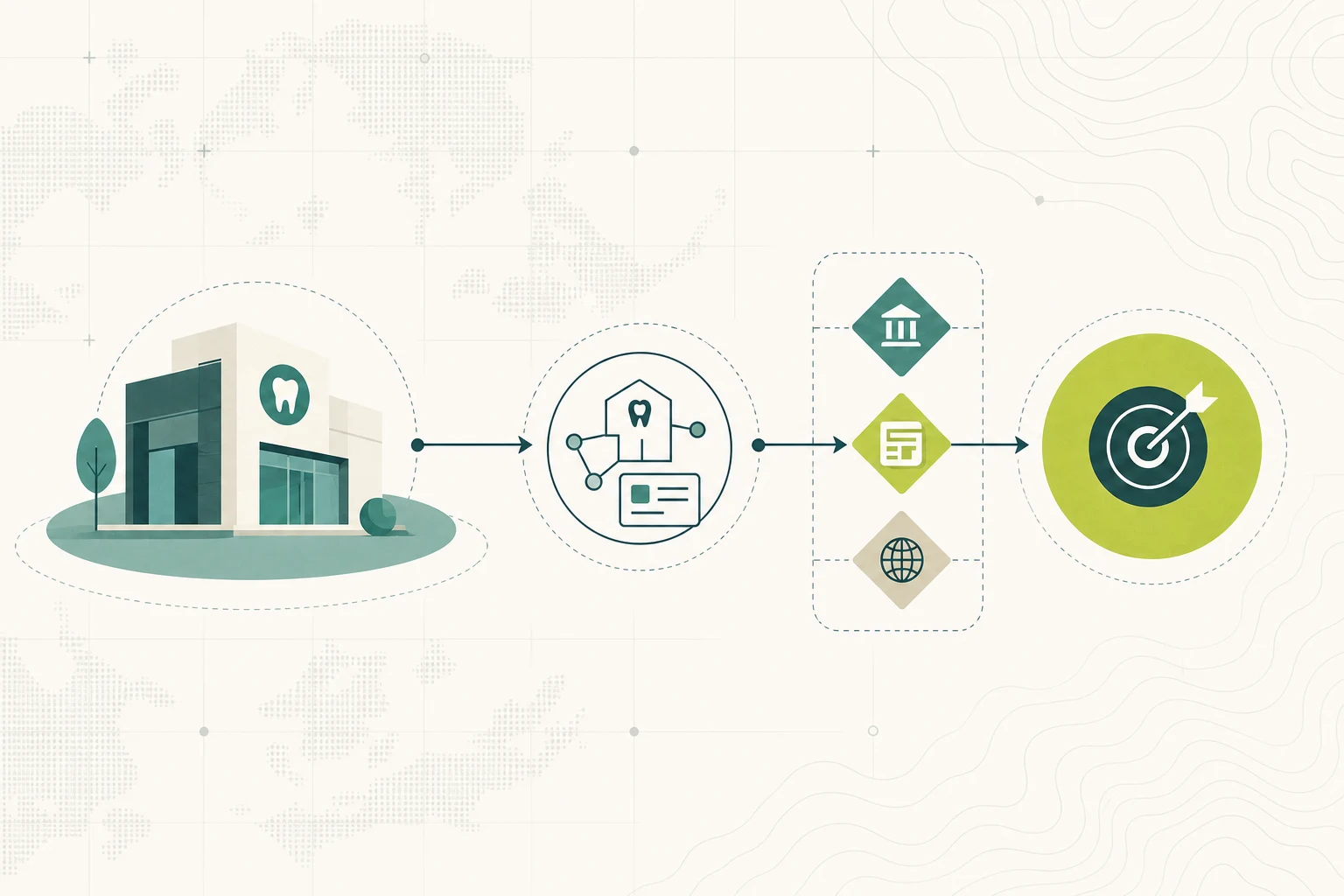 Abstract workflow connecting a dental practice to a professional role, public evidence sources and a commercial action
