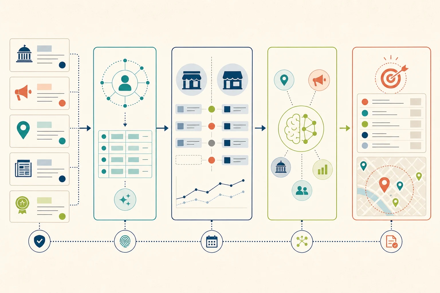 Methodology pipeline from source evidence through resolution, snapshots and intelligence to a commercial decision