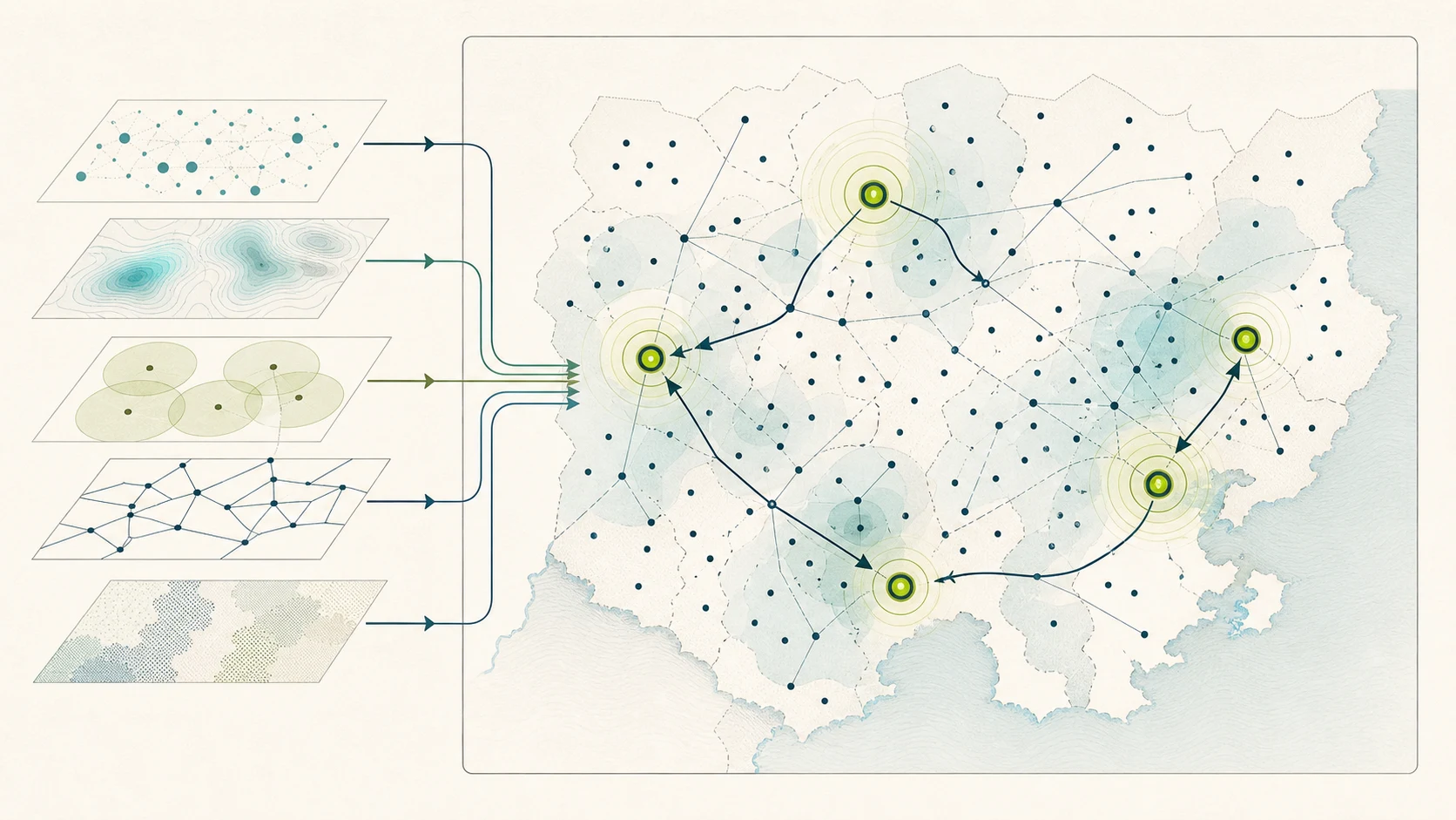 Illustration of territory signals converging on highlighted dental market opportunity nodes