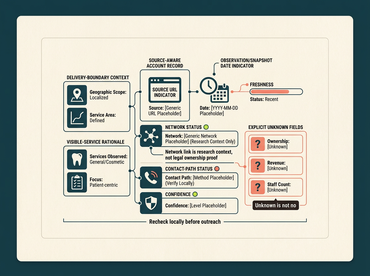 Generic source-aware shortlist record showing service rationale, source and freshness, network and contact status, confidence, and unknown fields.