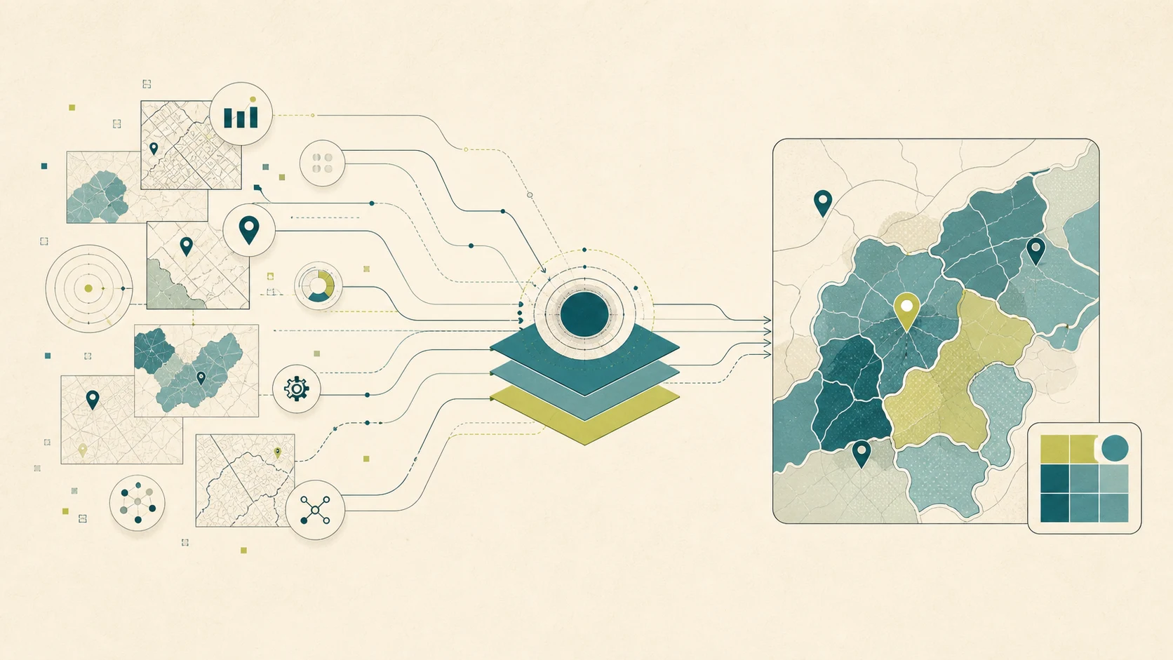 Illustration of scattered market signals converging into a layered intelligence model and a prioritized regional map
