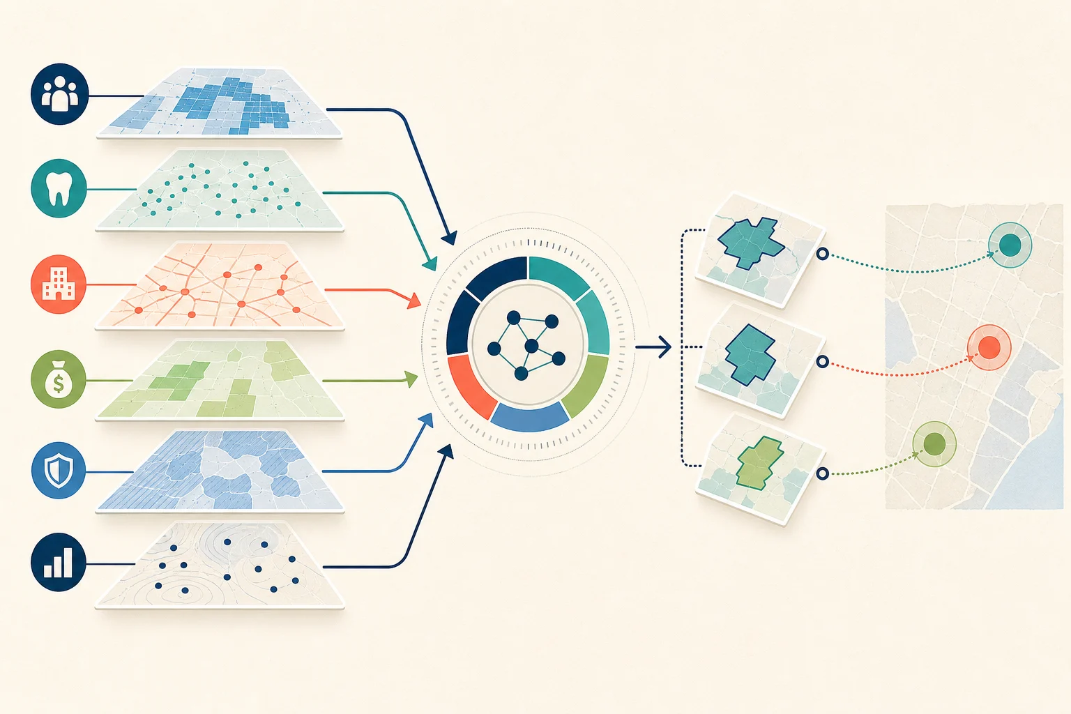 Regional market grid and layered signals converging into a focused territory shortlist